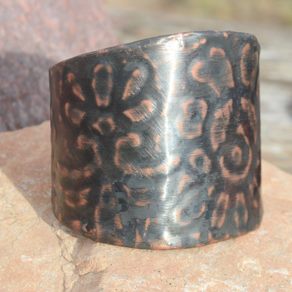 Conceptual Subculture Jewelry - Batik Floral Wide Cuff Copper Bracelet Handmade